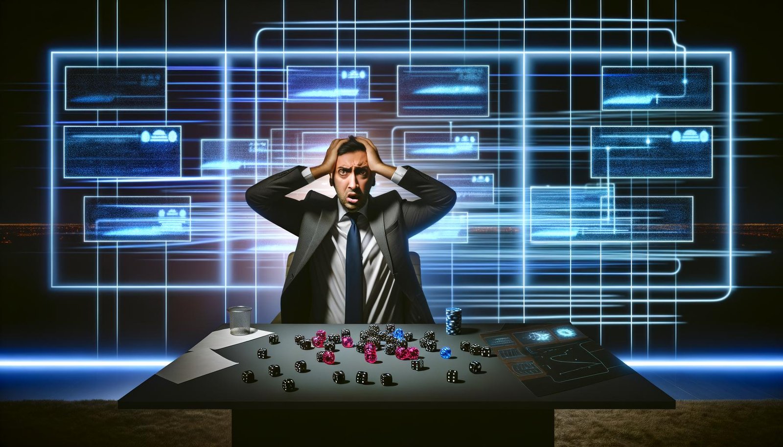 Gestresster Marketing-Mitarbeiter in nächtlicher Büroumgebung, umgeben von leuchtenden Datenströmen, unvollständigen Diagrammen und einem Würfelbecher auf dem Tisch.