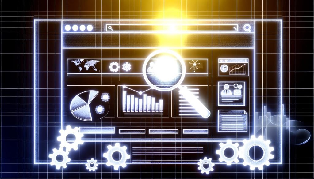 Illustratives Titelbild einer Suchergebnisseite mit hervorgehobener Website auf Platz 1, umgeben von SEO-Symbolen, Diagrammen, Analyse-Dashboards und technischen Werkzeugen im minimalistischen, futuristischen Stil.