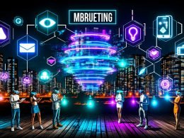 Futuristische nächtliche Stadt mit digitalen 3D-Hologrammen und User-Interfaces, interaktive AR-Elemente in Neonfarben, Menschen mit Smartphones, Tablets und AR-Brillen in moderner digitaler Atmosphäre.