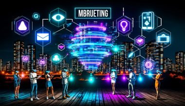 Futuristische nächtliche Stadt mit digitalen 3D-Hologrammen und User-Interfaces, interaktive AR-Elemente in Neonfarben, Menschen mit Smartphones, Tablets und AR-Brillen in moderner digitaler Atmosphäre.