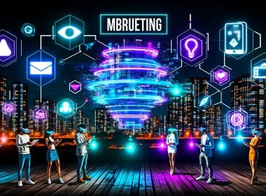 Futuristische nächtliche Stadt mit digitalen 3D-Hologrammen und User-Interfaces, interaktive AR-Elemente in Neonfarben, Menschen mit Smartphones, Tablets und AR-Brillen in moderner digitaler Atmosphäre.