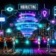Futuristische nächtliche Stadt mit digitalen 3D-Hologrammen und User-Interfaces, interaktive AR-Elemente in Neonfarben, Menschen mit Smartphones, Tablets und AR-Brillen in moderner digitaler Atmosphäre.