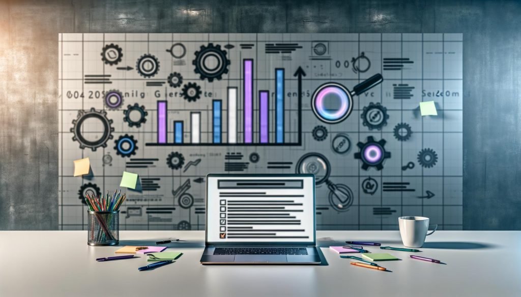 Moderner minimalistischer Arbeitsplatz mit leuchtendem Laptop und Checkliste, umgeben von farbigen Notizzetteln, Stiften und einer Tasse Kaffee, im Hintergrund digitale SEO-Grafiken mit Charts, Zahnrädern und Symbolen.