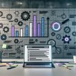 Moderner minimalistischer Arbeitsplatz mit leuchtendem Laptop und Checkliste, umgeben von farbigen Notizzetteln, Stiften und einer Tasse Kaffee, im Hintergrund digitale SEO-Grafiken mit Charts, Zahnrädern und Symbolen.