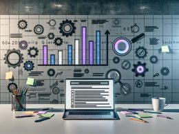Moderner minimalistischer Arbeitsplatz mit leuchtendem Laptop und Checkliste, umgeben von farbigen Notizzetteln, Stiften und einer Tasse Kaffee, im Hintergrund digitale SEO-Grafiken mit Charts, Zahnrädern und Symbolen.