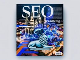 Magazincover „SEO Braunschweig“ mit städtischen Wahrzeichen wie Löwenstatue, Schloss Arkaden und Altstadt, ergänzt durch digitale Symbole, Rankings, Karten und Code in moderner Collage.