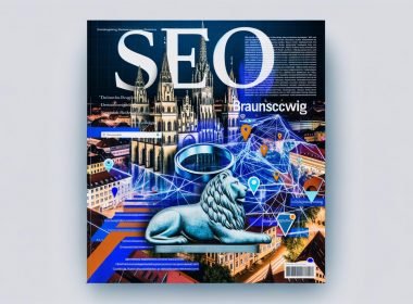 Magazincover „SEO Braunschweig“ mit städtischen Wahrzeichen wie Löwenstatue, Schloss Arkaden und Altstadt, ergänzt durch digitale Symbole, Rankings, Karten und Code in moderner Collage.