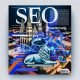 Magazincover „SEO Braunschweig“ mit städtischen Wahrzeichen wie Löwenstatue, Schloss Arkaden und Altstadt, ergänzt durch digitale Symbole, Rankings, Karten und Code in moderner Collage.
