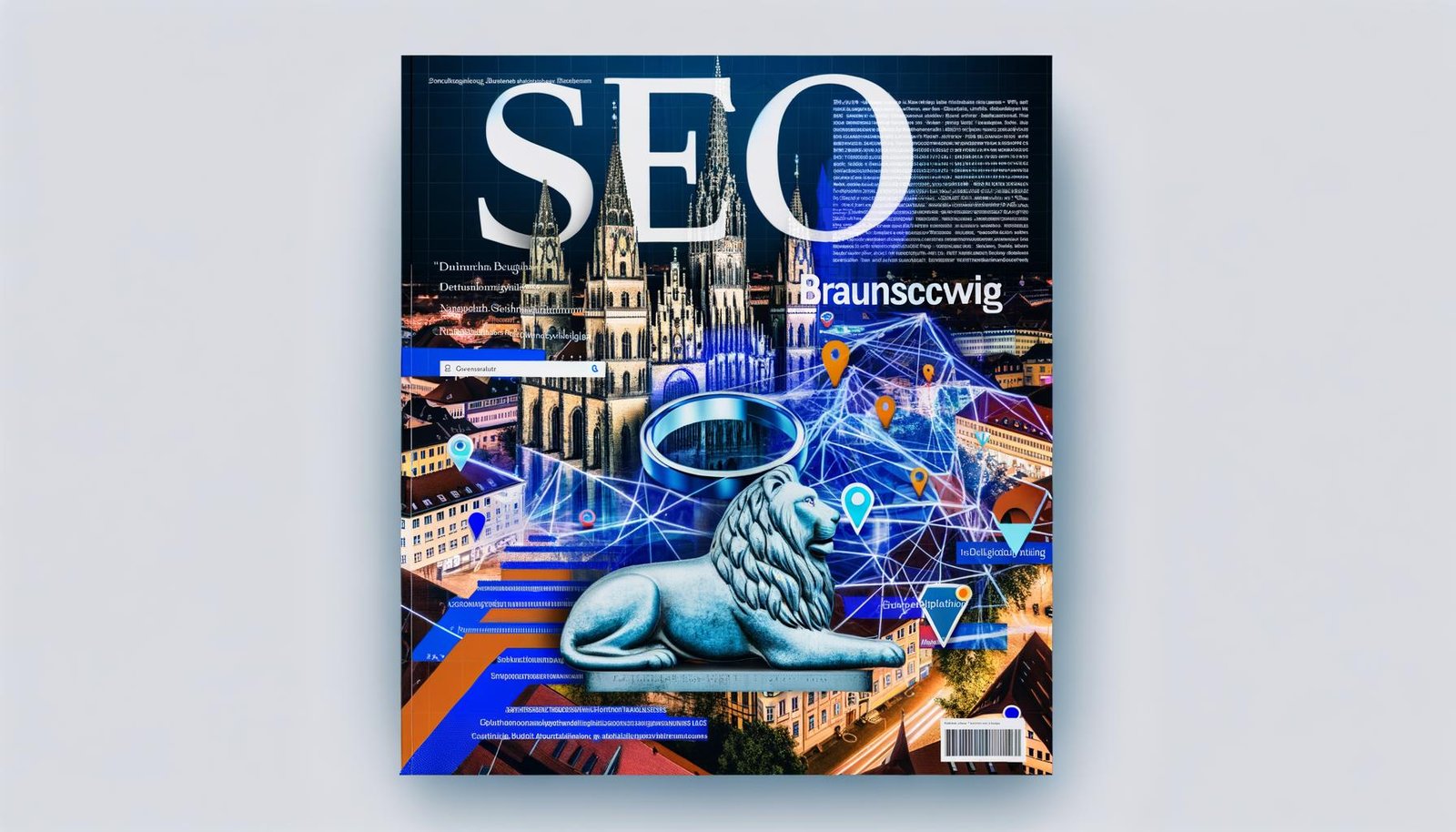 Magazincover „SEO Braunschweig“ mit städtischen Wahrzeichen wie Löwenstatue, Schloss Arkaden und Altstadt, ergänzt durch digitale Symbole, Rankings, Karten und Code in moderner Collage.