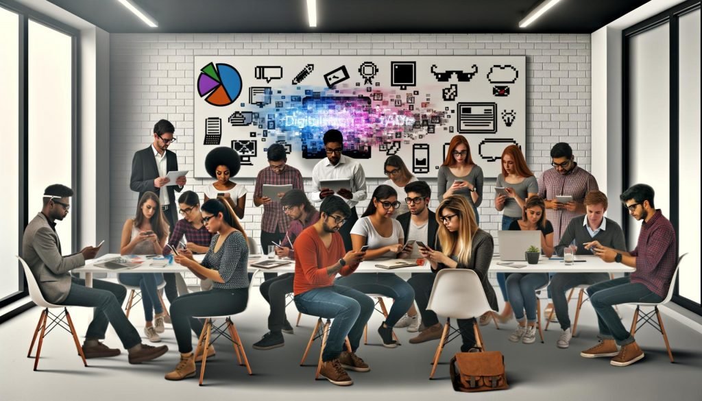 Junges, diverses Marketingteam schaut begeistert auf AR-Grafiken und Hologramme auf mobilen Geräten in einem modernen Büro mit Whiteboards, Laptops und VR-Brillen.
