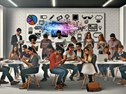 Junges, diverses Marketingteam schaut begeistert auf AR-Grafiken und Hologramme auf mobilen Geräten in einem modernen Büro mit Whiteboards, Laptops und VR-Brillen.