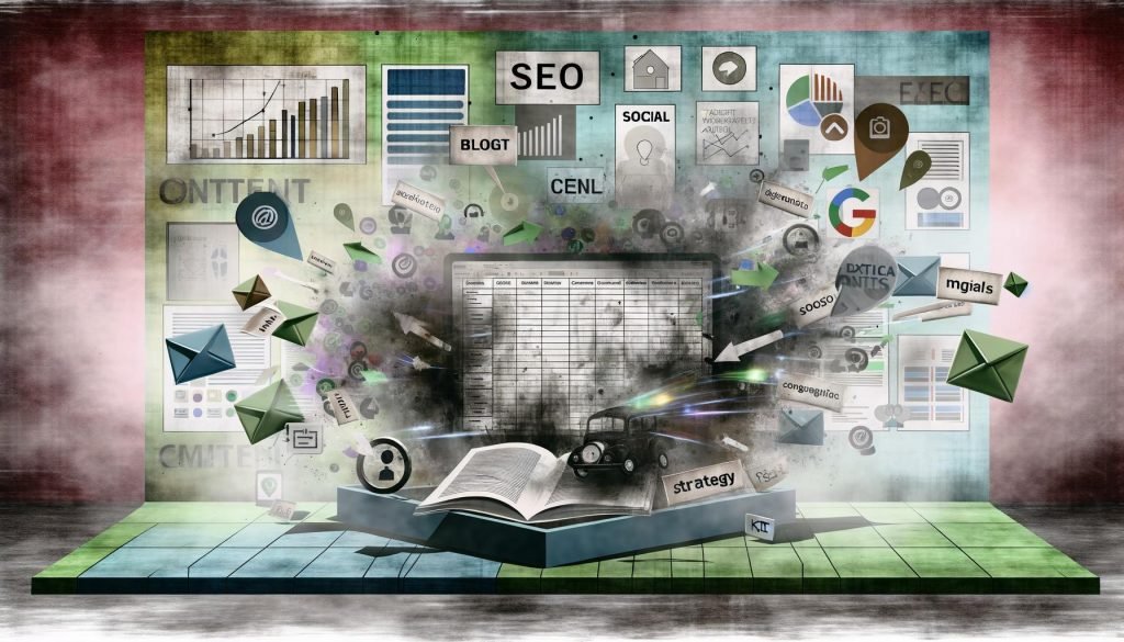 Abstrakte Illustration eines chaotischen digitalen Schreibtisches mit unlesbarem Excel-Blogplan, fliegenden SEO-, Social-Media- und Analytics-Icons sowie kontrastierendem, strukturiertem Content-Plan auf einem modernen Dashboard.