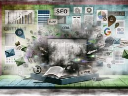Abstrakte Illustration eines chaotischen digitalen Schreibtisches mit unlesbarem Excel-Blogplan, fliegenden SEO-, Social-Media- und Analytics-Icons sowie kontrastierendem, strukturiertem Content-Plan auf einem modernen Dashboard.