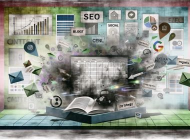 Abstrakte Illustration eines chaotischen digitalen Schreibtisches mit unlesbarem Excel-Blogplan, fliegenden SEO-, Social-Media- und Analytics-Icons sowie kontrastierendem, strukturiertem Content-Plan auf einem modernen Dashboard.