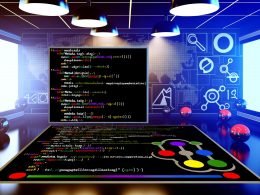 Modern beleuchteter Laborraum mit Touchscreen, auf dem HTML-Code und Meta-Tags angezeigt werden. Im Hintergrund SERP-Kacheln und stilisierte Social-Media-Icons, die durch bunte Linien verbunden sind.