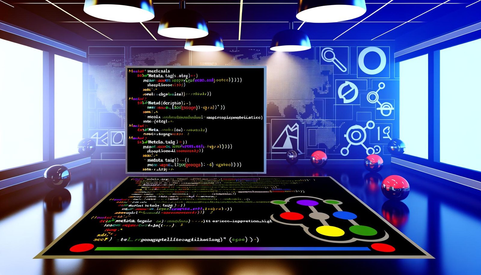 Modern beleuchteter Laborraum mit Touchscreen, auf dem HTML-Code und Meta-Tags angezeigt werden. Im Hintergrund SERP-Kacheln und stilisierte Social-Media-Icons, die durch bunte Linien verbunden sind.