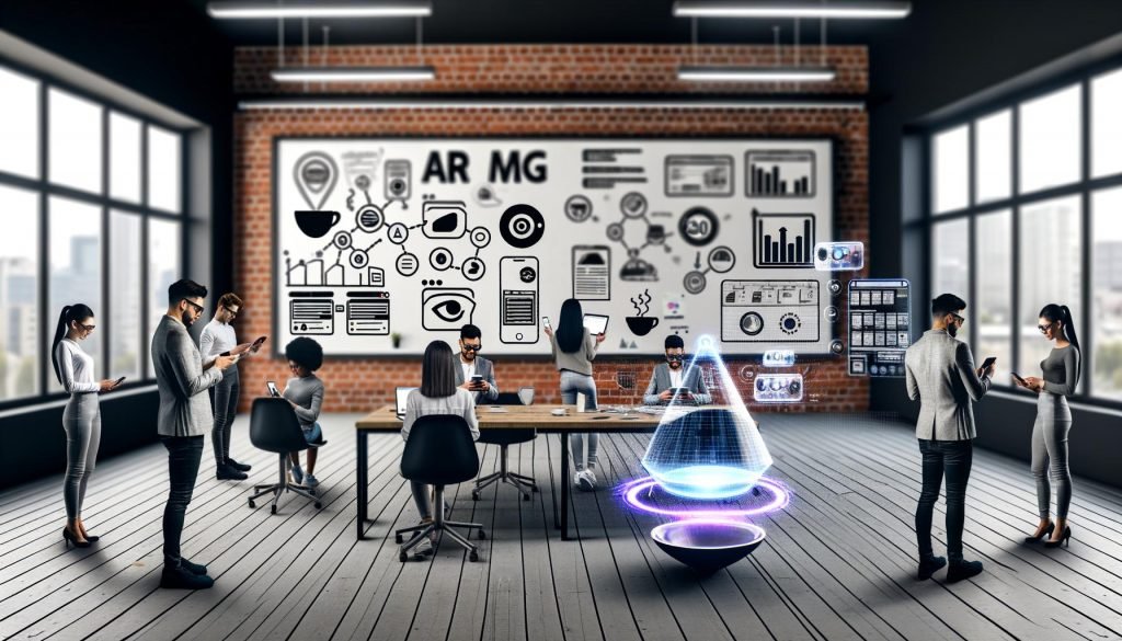 Marketers im modernen Loft-Büro testen AR-Marketing-Kampagnen mit Tablets und Smartphones, während digitale 3D-Objekte und Werbebanner virtuell eingeblendet werden.