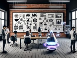 Marketers im modernen Loft-Büro testen AR-Marketing-Kampagnen mit Tablets und Smartphones, während digitale 3D-Objekte und Werbebanner virtuell eingeblendet werden.