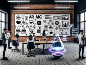 Marketers im modernen Loft-Büro testen AR-Marketing-Kampagnen mit Tablets und Smartphones, während digitale 3D-Objekte und Werbebanner virtuell eingeblendet werden.