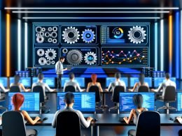 Technischer Maschinenraum mit mehreren Monitoren voller SEO-Daten, konzentrierten Menschen an Laptops und modernen Serverracks im Hintergrund.