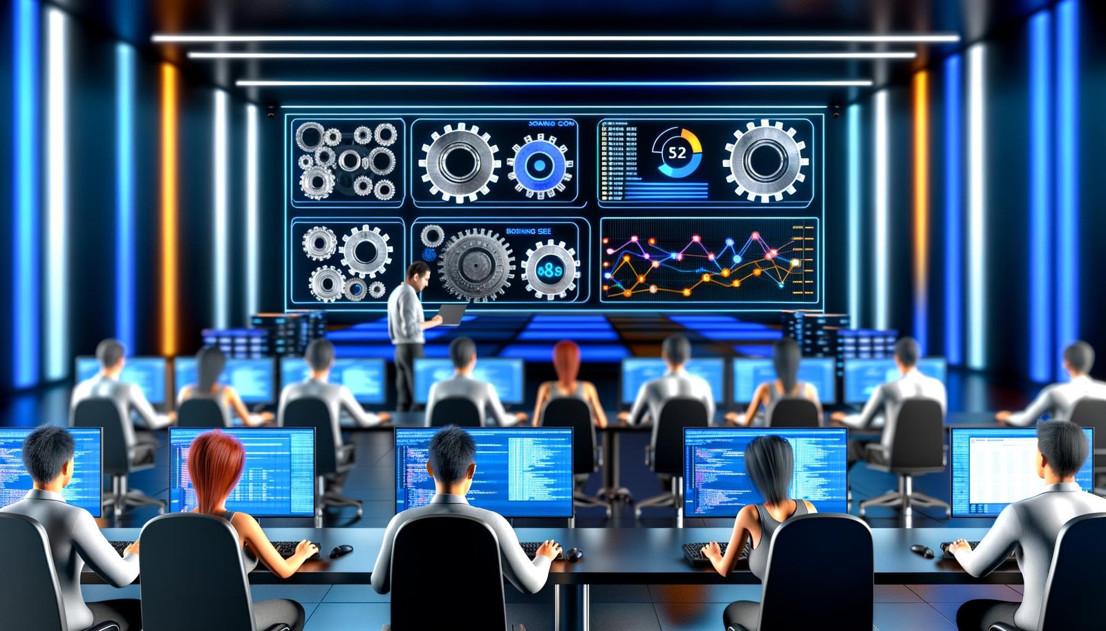 Technischer Maschinenraum mit mehreren Monitoren voller SEO-Daten, konzentrierten Menschen an Laptops und modernen Serverracks im Hintergrund.