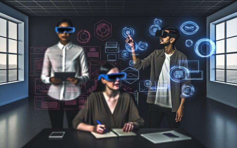Futuristischer Workspace mit jungen Marketern und Kreativen, die mit AR-Brillen, Hologrammen und digitalen Projektionen moderne Technologien nutzen.