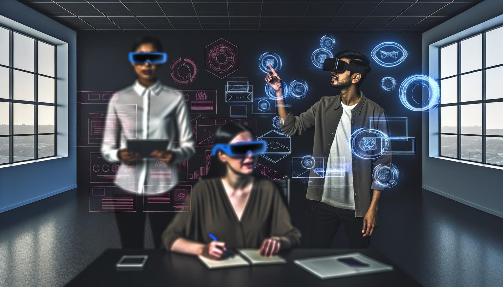 Futuristischer Workspace mit jungen Marketern und Kreativen, die mit AR-Brillen, Hologrammen und digitalen Projektionen moderne Technologien nutzen.