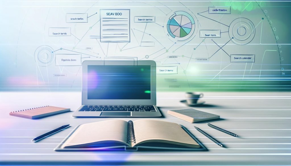 Moderner minimalistischer Schreibtisch mit Laptop, Notizbuch, Stiften, Post-its sowie digitalen SEO-Grafiken und Content-Clustern im Hintergrund.