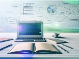 Moderner minimalistischer Schreibtisch mit Laptop, Notizbuch, Stiften, Post-its sowie digitalen SEO-Grafiken und Content-Clustern im Hintergrund.