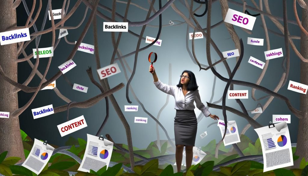 Geschäftsperson mit Lupe sucht im verworrenen SEO-Dschungel zwischen Preisetiketten, Diagrammen und SEO-Begriffen nach klaren Antworten.