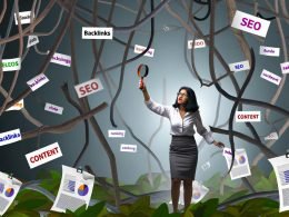 Geschäftsperson mit Lupe sucht im verworrenen SEO-Dschungel zwischen Preisetiketten, Diagrammen und SEO-Begriffen nach klaren Antworten.