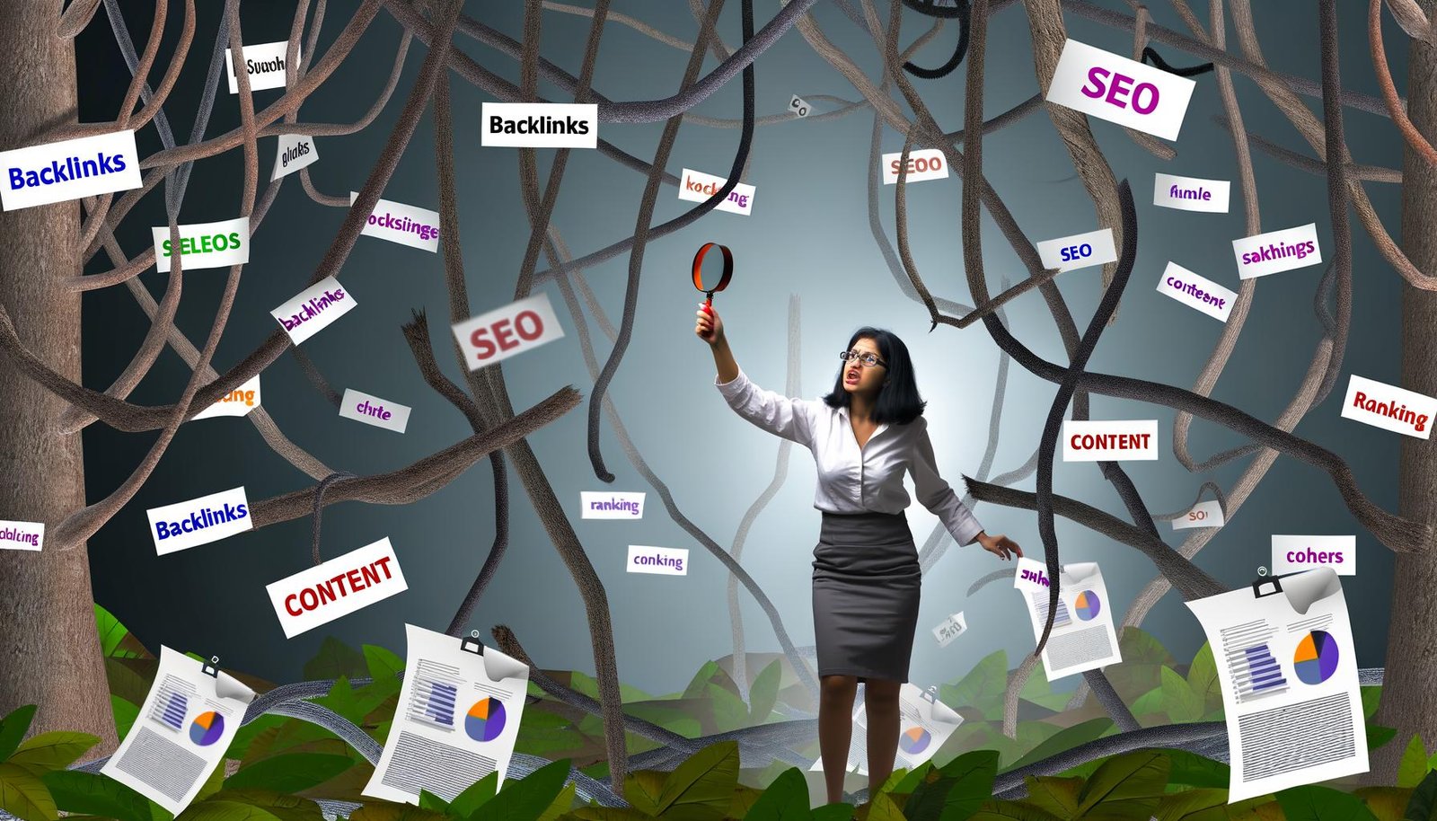 Geschäftsperson mit Lupe sucht im verworrenen SEO-Dschungel zwischen Preisetiketten, Diagrammen und SEO-Begriffen nach klaren Antworten.