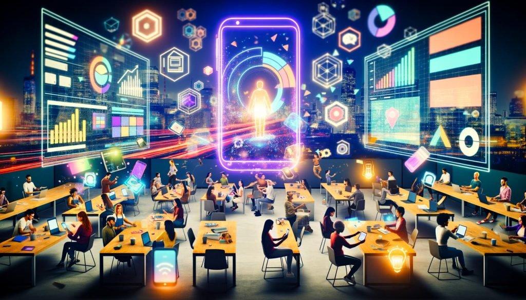 Futuristischer Arbeitsplatz mit vielfältigen Kreativen und Marketern, die gemeinsam an digitalen Geräten sowie holografischen AR-Erfahrungen arbeiten, umgeben von schwebenden Interface-Elementen vor einer digitalen Stadtlandschaft.