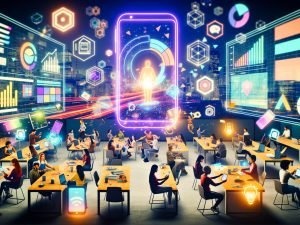 Futuristischer Arbeitsplatz mit vielfältigen Kreativen und Marketern, die gemeinsam an digitalen Geräten sowie holografischen AR-Erfahrungen arbeiten, umgeben von schwebenden Interface-Elementen vor einer digitalen Stadtlandschaft.