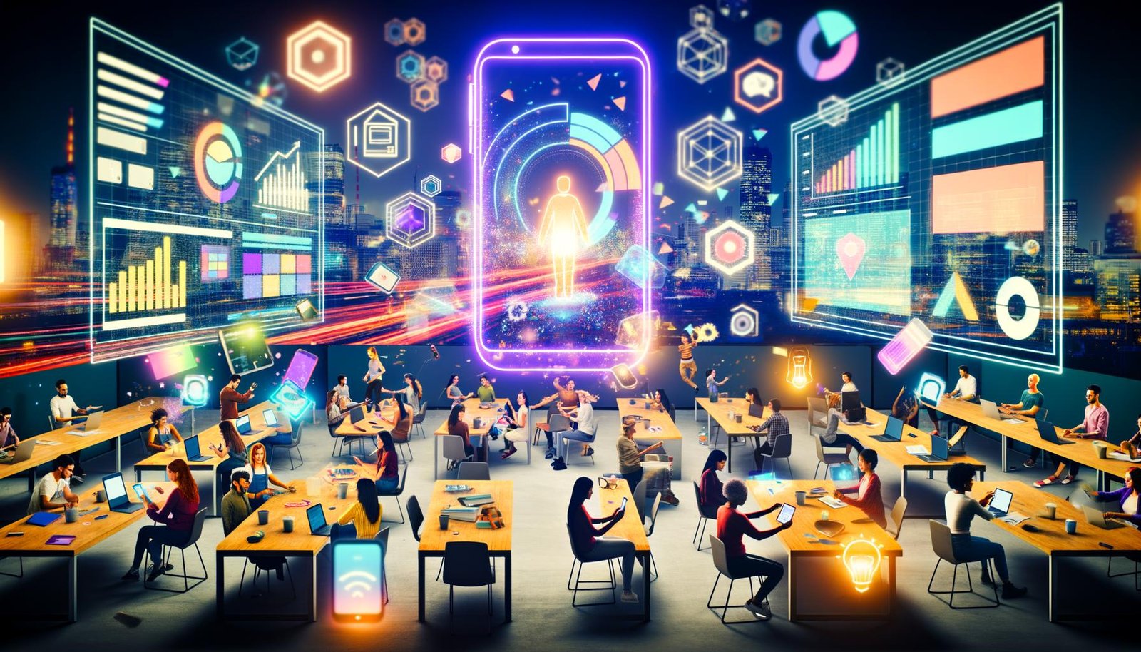 Futuristischer Arbeitsplatz mit vielfältigen Kreativen und Marketern, die gemeinsam an digitalen Geräten sowie holografischen AR-Erfahrungen arbeiten, umgeben von schwebenden Interface-Elementen vor einer digitalen Stadtlandschaft.