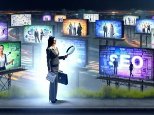 Illustration eines urbanen Dschungels mit SEO-Werbetafeln, einer digitalen Entdeckerfigur mit Laptop und Lupe, die echte SEO-Experten von auffälligen Blendern trennt.