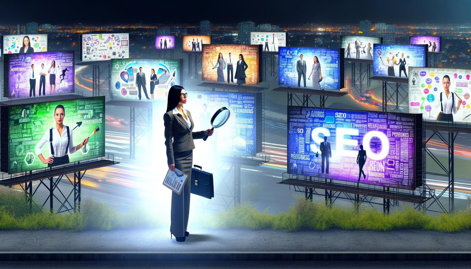 Illustration eines urbanen Dschungels mit SEO-Werbetafeln, einer digitalen Entdeckerfigur mit Laptop und Lupe, die echte SEO-Experten von auffälligen Blendern trennt.