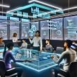 Futuristisches Büro-Szenario mit Marketern, die holografische AR-Produktvisualisierungen und digitale Kampagnen-Assets an einem interaktiven Tisch und auf Geräten betrachten.