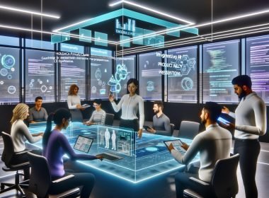 Futuristisches Büro-Szenario mit Marketern, die holografische AR-Produktvisualisierungen und digitale Kampagnen-Assets an einem interaktiven Tisch und auf Geräten betrachten.