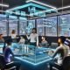 Futuristisches Büro-Szenario mit Marketern, die holografische AR-Produktvisualisierungen und digitale Kampagnen-Assets an einem interaktiven Tisch und auf Geräten betrachten.