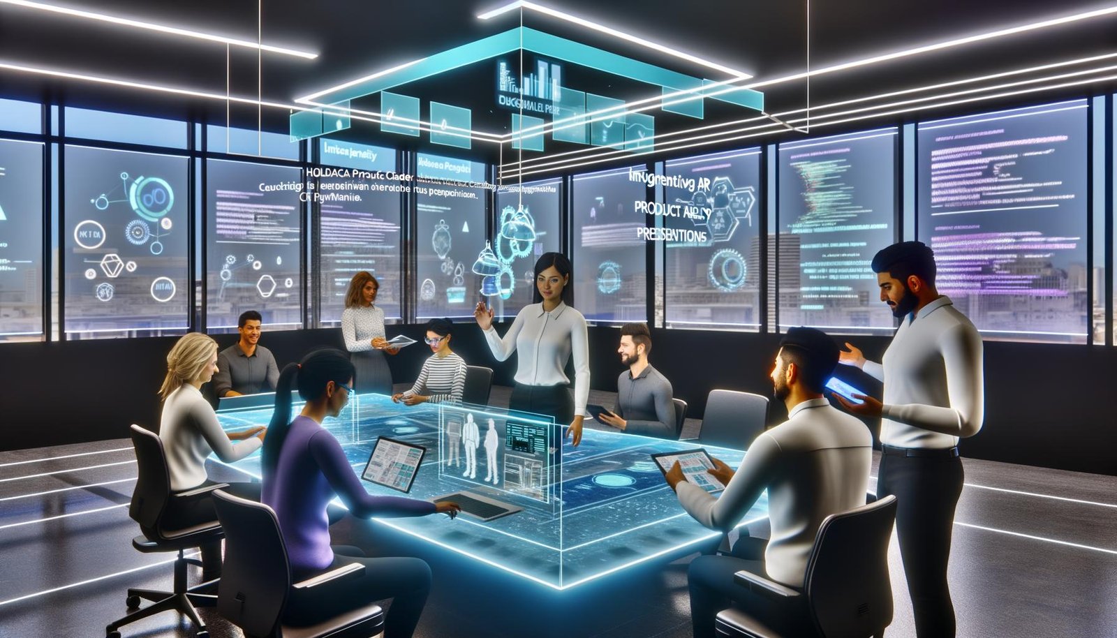 Futuristisches Büro-Szenario mit Marketern, die holografische AR-Produktvisualisierungen und digitale Kampagnen-Assets an einem interaktiven Tisch und auf Geräten betrachten.