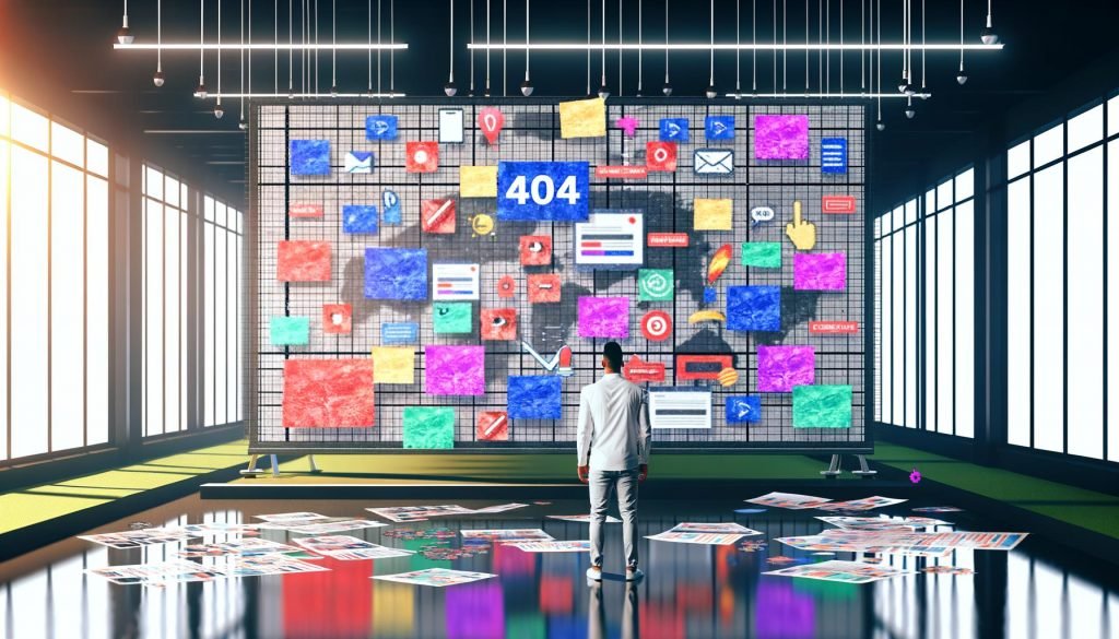 Illustration eines frustrierten Marketers im digitalen Großraumbüro vor einer Pinnwand mit bunten Post-Its, Redaktionsplänen und SEO-Tabellen; leere Bildschirme und verschwindende Social-Media-Symbole im Hintergrund; Spiegelung ‚404: No Impact Found‘.
