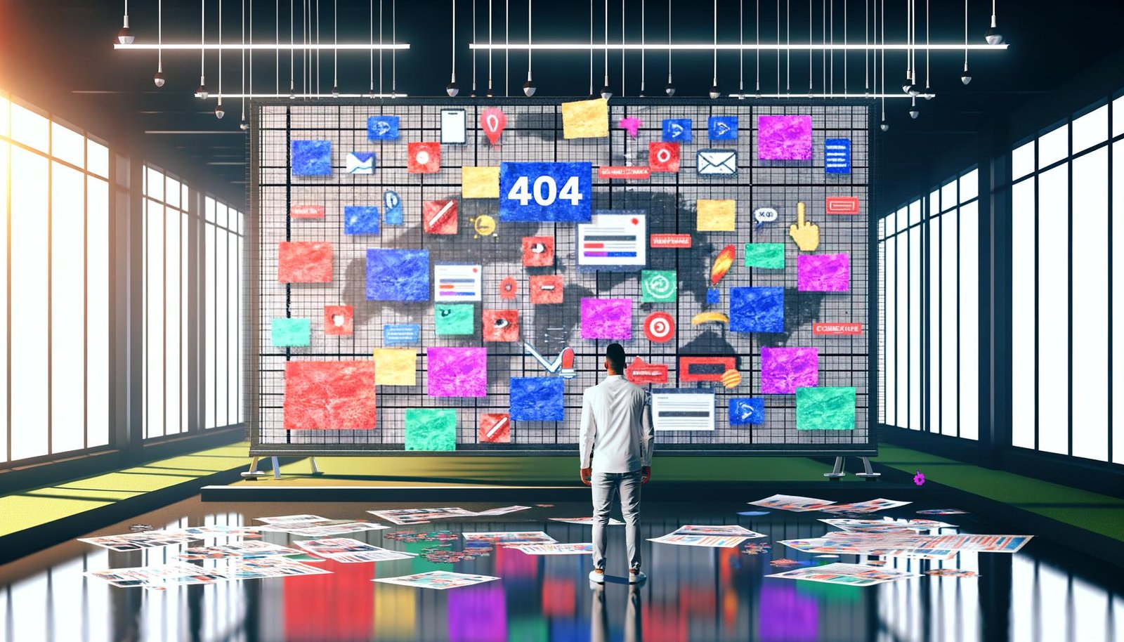 Illustration eines frustrierten Marketers im digitalen Großraumbüro vor einer Pinnwand mit bunten Post-Its, Redaktionsplänen und SEO-Tabellen; leere Bildschirme und verschwindende Social-Media-Symbole im Hintergrund; Spiegelung ‚404: No Impact Found‘.