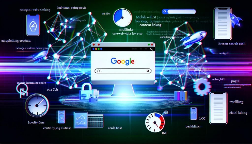 Dynamische Illustration eines Monitors mit abstrahierten Google-Suchergebnissen auf Platz 1, umgeben von technischen Elementen und Begriffen wie Core Web Vitals, Mobile-First und E-E-A-T in einer futuristischen Farbwelt.