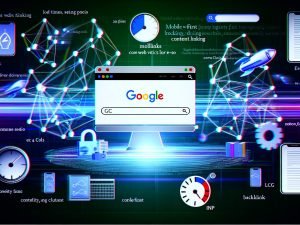 Dynamische Illustration eines Monitors mit abstrahierten Google-Suchergebnissen auf Platz 1, umgeben von technischen Elementen und Begriffen wie Core Web Vitals, Mobile-First und E-E-A-T in einer futuristischen Farbwelt.