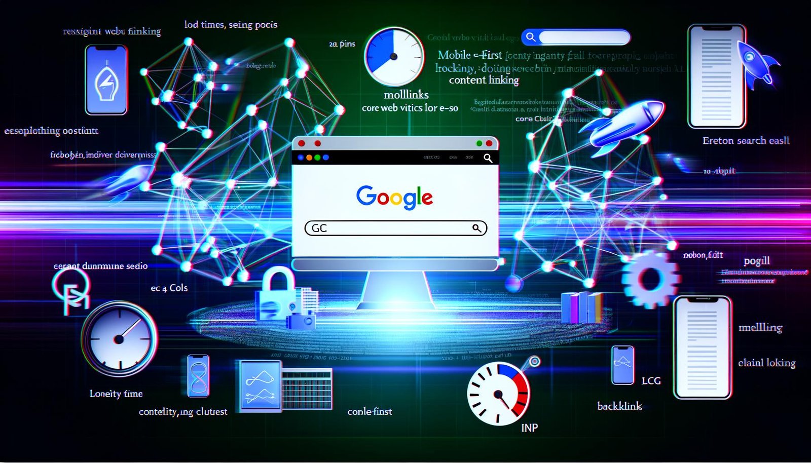 Dynamische Illustration eines Monitors mit abstrahierten Google-Suchergebnissen auf Platz 1, umgeben von technischen Elementen und Begriffen wie Core Web Vitals, Mobile-First und E-E-A-T in einer futuristischen Farbwelt.