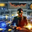 Illustration eines Digital Marketers am Arbeitsplatz mit lebendigen Datenströmen, markanten UTM-Parametern auf Bildschirmgeräten und analytischem Technik-Hintergrund.