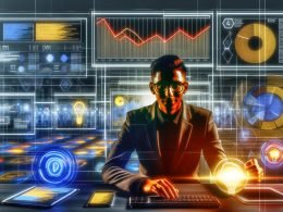Illustration eines Digital Marketers am Arbeitsplatz mit lebendigen Datenströmen, markanten UTM-Parametern auf Bildschirmgeräten und analytischem Technik-Hintergrund.
