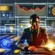 Illustration eines Digital Marketers am Arbeitsplatz mit lebendigen Datenströmen, markanten UTM-Parametern auf Bildschirmgeräten und analytischem Technik-Hintergrund.