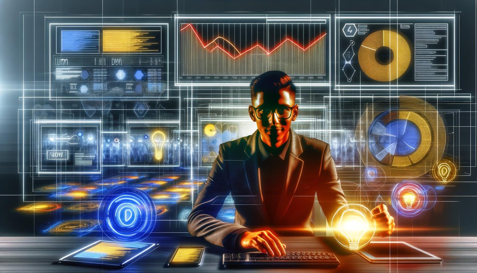 Illustration eines Digital Marketers am Arbeitsplatz mit lebendigen Datenströmen, markanten UTM-Parametern auf Bildschirmgeräten und analytischem Technik-Hintergrund.